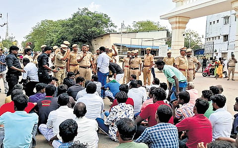 Relatives stage a protest seeking justice after a farmer’s murder and his daughter’s suicide near Tirunelveli; (inset) Baby Kani and her father Arumugam.