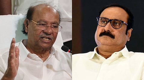 Pattali Makkal Katchi party founder S Ramadoss (R) and his son Anbumani Ramadoss.