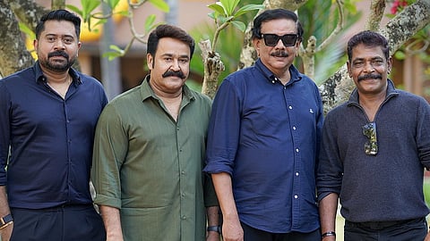From L to R (Co-producer Binu George Alexander, Mohanlal, Priyadarshan, and Antony Perumbavoor)