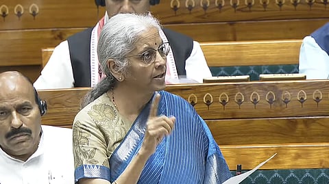Union Finance Minister Nirmala Sitharaman addresses the Parliament on Monday, March 23, 2026.