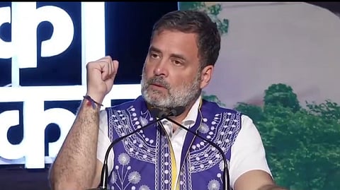 Congress leader Rahul Gandhi addresses the 'Adivasi Adhikar Samvidhan Sammelan' in Vadodara on Monday, March 23, 2026.