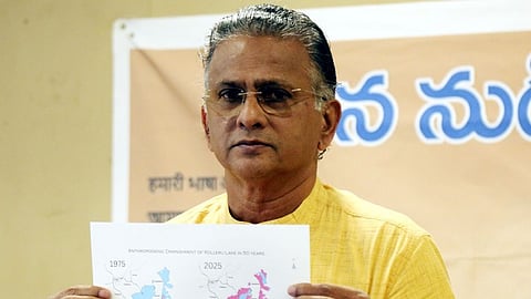 Jal Biradari national convener Bolisetty Satyanarayana addressing a press conference in Visakhapatnam on Sunday. Express photo by G Satyanarayana.