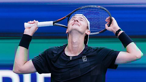 Sebastian Korda reacts after defeating world No. 1 Carlos Alcaraz in the third round of the Miami Open on Sunday, March 23, 2026.