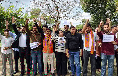 Akhil Bharatiya Vidyarthi Parishad (ABVP) activists stage a protest against the inclusion of a chapter on Muhammad Ali Jinnah in the postgraduate Political Science course at Jammu University, Jammu, on March 20, 2026.