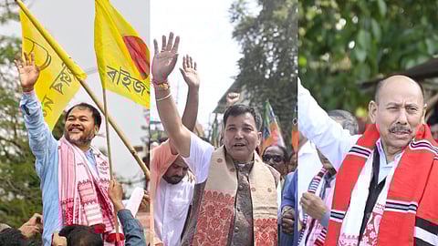 Sitting MLA and Raijor Dal president Akhil Gogoi (L) , who is an RTI activist-turned-politician, is up against Kushal Dowari (Centre) of the ruling BJP and Pradip Hazarika (R) of BJP ally Asom Gana Parishad (AGP).