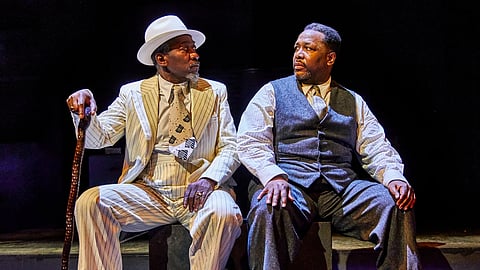 Actors Joseph Mydell and Wendell Pierce performing in Death of a Salesman at Young Vic, London