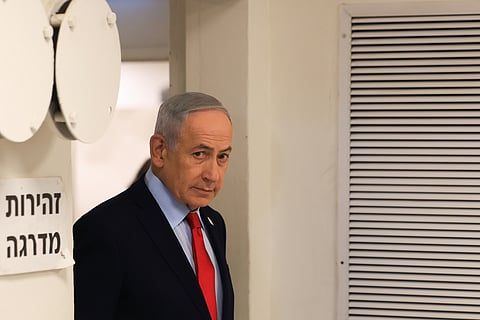 Israeli Prime Minister Benjamin Netanyahu arrives for a press conference in Jerusalem, Thursday, March 19, 2026.