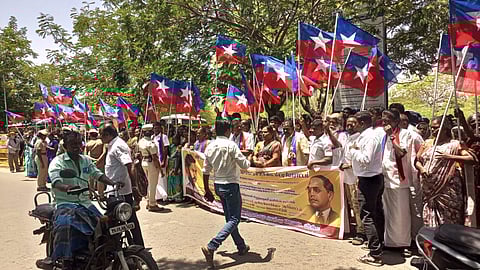 Sankaralingapuram people protesting at collectorate on Monday.