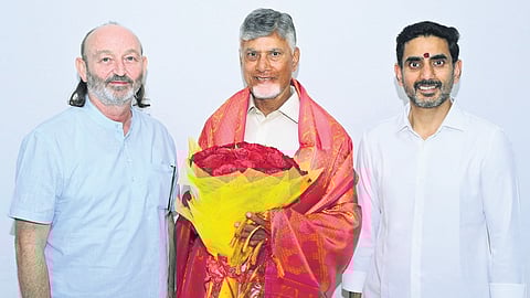 Rural Development Trust (RDT) Director Moncho Ferrer meets CM Nara Chandrababu Naidu and Minister for HRD and IT Nara Lokesh on Tuesday.