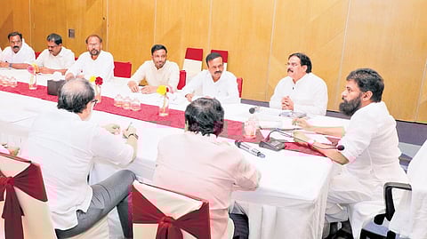 Jana Sena president and Deputy CM Pawan Kalyan addressing party MLAs and MLCs at a meeting held to review the party membership drive, in Vijayawada.
