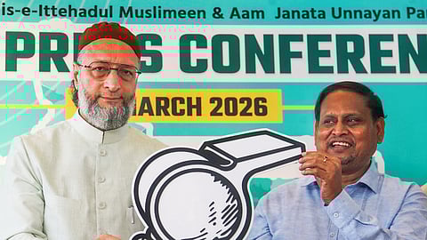 All India Majlis-e-Ittehadul Muslimeen (AIMIM) President Asaduddin Owaisi, left, and Aam Janata Unnayan Party (AJUP) Chief Humayun Kabir release their alliance symbol during a press conference, in Kolkata, Wednesday, March 25, 2026.