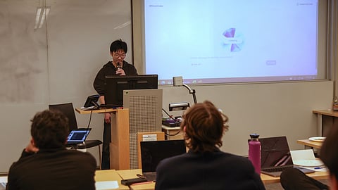 Student Brian Dai uses an oral AI agent during class at NYU Stern School of Business, March 4, 2026, in New York.