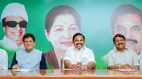 (L to R) Union Minister Piyush Goyal, AIADMK General Secretary Edappadi K Palaniswami and Tamil Nadu BJP Chief Nainar Nagenthran at the NDA alliance meeting for the upcoming State Assembly elections in Chennai on Monday, March 23, 2026.