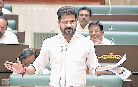 Chief Minister A Revanth Reddy gestures as he speaks in the Assembly on Thursday