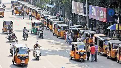 Autos queue up for refuelling at Begumpet on Thursday