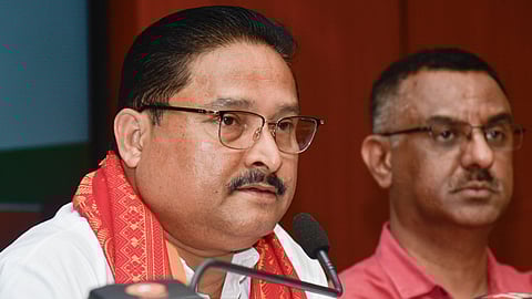 Assam BJP President Dilip Saikia addresses a press conference ahead of state Assembly Election, at Atal Bihari Vajpayee Bhawan, in Guwahati, Thursday, March 26, 2026.