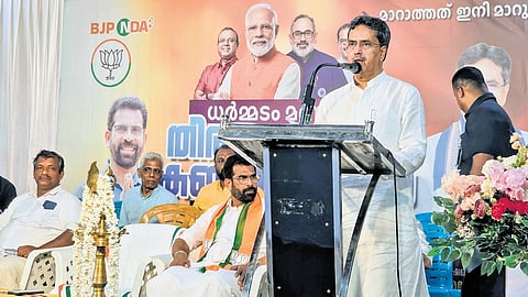 Tripura Chief Minister Manik Saha speaking at the election convention of
K Ranjith, NDA’s Dharmadom candidate, in Kannur on Thursday