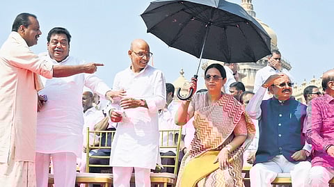 Speaker UT Khader and other senior legislators arrive for a group photo outside Vidhana Soudha in Bengaluru on Wednesday.