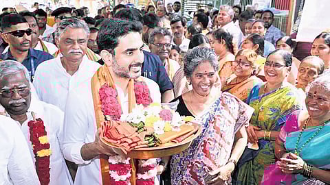 Minister for HRD and IT Nara Lokesh participated in the consecration ceremony of a renovated Rama temple in Koppurao Colony of Mangalagiri on Wednesday.