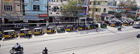 Autos stand in queue to fill the Gas at a pump in Karimnagar