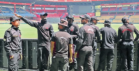 NSG commandos inspect M Chinnaswamy Stadium on Thursday ahead of the RCB vs SRH match on Saturday