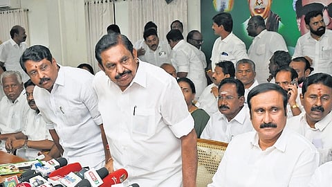 AIADMK general secretary Edappadi K Palaniswami with NDA alliance leaders at the party headquarters in Chennai on Wednesday.