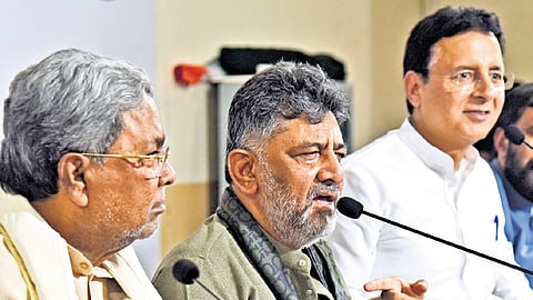 CM Siddaramaiah, Deputy CM DK Shivakumar and AICC General Secretary Randeep Singh Surjewala address the media in Bengaluru on Friday | Vinod Kumar T