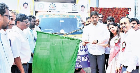 Kondapalli Srinivas Minister for MSME, SERP, and NRI Empowerment & Relations, flagged off the Business Idea Contest vehicle