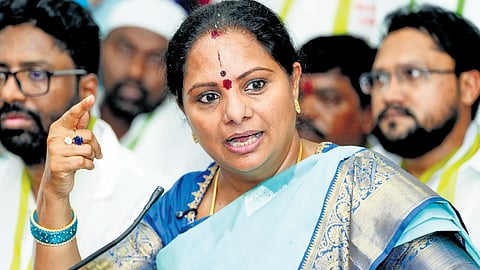 Telangana Jagruthi president K Kavitha speaks during a press meet at Nizamabad on Friday