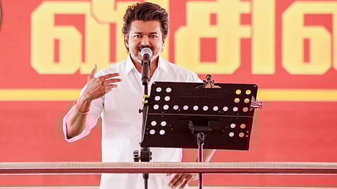 Tamilaga Vettri Kazhagam (TVK) chief Vijay addresses a party meeting, in Vellore district, Tamil Nadu, Monday, Feb. 23, 2026.