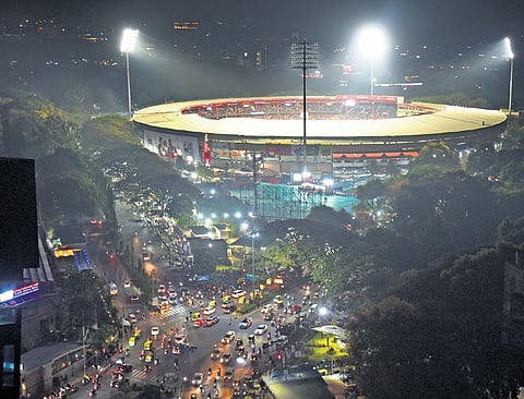 An aerial view of floodlit in Bengaluru Chinnaswamy Stadium