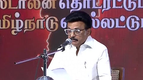 DMK President and Tamil Nadu Chief Minister MK Stalin addresses a press conference at party headquarters, Anna Arivalayam, in Chennai on Saturday, March 28, 2026.