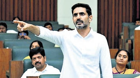 IT Minister Nara Lokesh addressing the AP Legislative Assembly on Saturday. He rapped ex-CM Jagan Mohan Reddy for stalling State’s growth | express