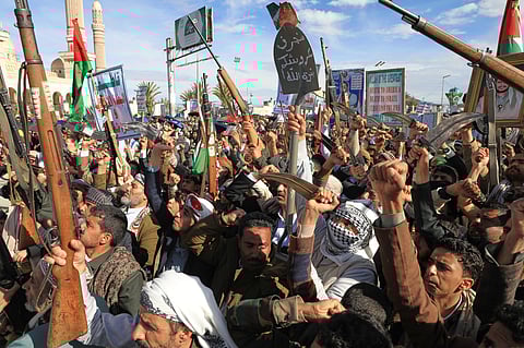 Houthi supporters shout slogans during a rally against Israel and the United States' war in Iran, in Sanaa, Yemen, Friday, March 27, 2026.