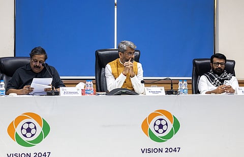 (From L) AIFF Deputy Secretary General M Satyanarayan, AIFF President Kalyan Chaubey and AIFF Vice President NA Haris in the Executive Committee meeting on Sunday