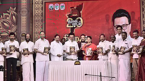 DMK President and Tamil Nadu Chief Minister MK Stalin releases the party manifesto for the upcoming assembly elections at Anna Arivalayam in Chennai on Sunday, March 29, 2026.