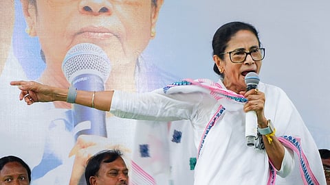 West Bengal Chief Minister Mamata Banerjee gives an address during a public rally in Raipur village, Bankura district, West Bengal, on Sunday, March 29, 2026.