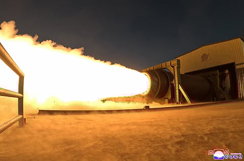 This undated photo provided on March 29, 2026 by the North Korean government, shows what it says a solid-fuel engine test at an undisclosed place in North Korea. Independent journalists were not given access to cover the event depicted in this image distributed by the North Korean government.