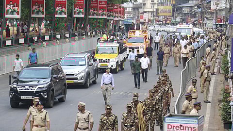 Trial run of police vehicles as part of Prime Minister Narendra Modi's visit to Thrissur.