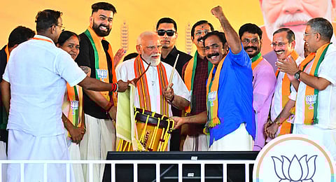 Prime Minister Narendra Modi at the NDA election campaign and public meeting held at Fort Maidan in Palakkad on Sunday.