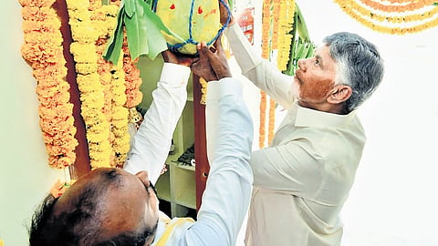 CM N Chandrababu Naidu participates in the distribution and housewarming ceremonies of the beneficiaries of TIDCO houses at Naidupet on Monday