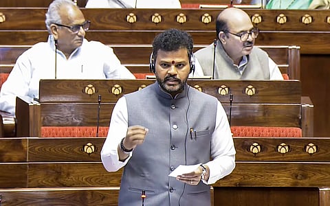 Union Minister Kinjarapu Ram Mohan Naidu speaks in the Rajya Sabha during the second part of the Budget session of Parliament, in New Delhi, Monday, March 30, 2026.