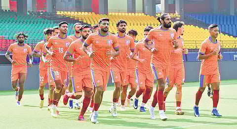 India players train ahead of their AFC Asian Cup qualifier against Hong Kong to be held at Jawaharlal Nehru Stadium on Tuesday