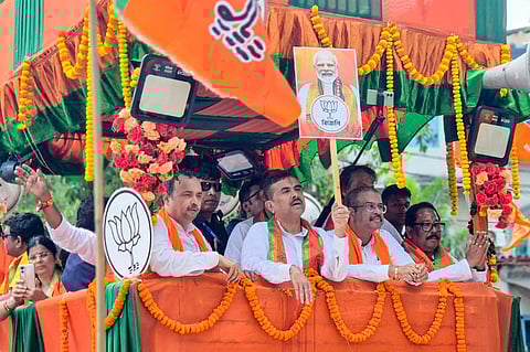 Union Education Minister Dharmendra Pradhan and other leaders campaign in support of the Leader of Opposition in West Bengal Assembly Suvendu Adhikari and BJP candidate from Nandigram constituency ahead of the state Assembly elections, in Purba Medinipur district.