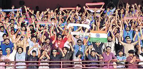 Fans celebrating India’s victory against Hong Kong during the AFC Asian Cup 2027 Qualifying Final Round match held at Jawaharlal Nehru International Stadium, Kaloor, on Tuesday