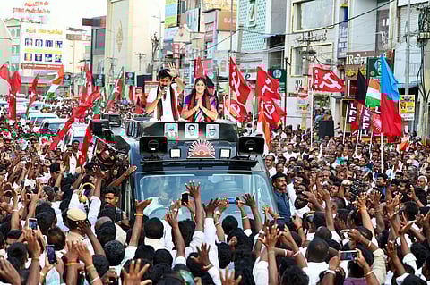 Deputy Chief Minister Udhayanidhi Stalin campaigning for DMK’s Kancheepuram candidate Nithya Sukumar.