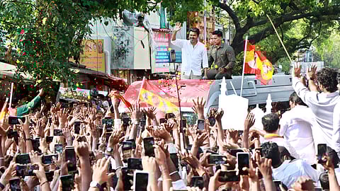 TVK founder and actor Vijay campaigns at Agaram, Kolattur, on Monday in Chennai
