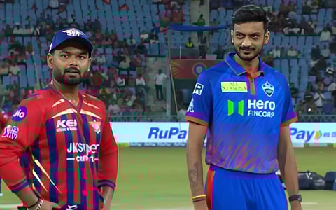 Delhi Capitals captain Axar Patel (L) and LSG skipper Rishabh Pant (R).