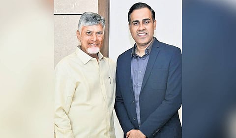OPPO MD Tasleem Arif meets CM Chandrababu Naidu and donates Rs 50.59 lakh towards P4 Foundation on Tuesday (R) Naidu at a review meeting on Sanjeevani.