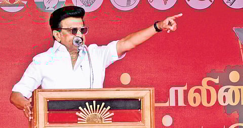 DMK president MK Stalin addressing a public meeting in Karur on Wednesday